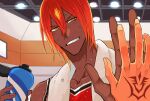  1boy ashwatthama_(buzzer_beater)_(fate) ashwatthama_(fate) basketball_uniform command_spell dark_skin fate/grand_order fate_(series) fujimaru_ritsuka_(male) grin hair_between_eyes indoors kisato looking_at_viewer redhead smile solo_focus sportswear sweat towel towel_around_neck upper_body yellow_eyes 