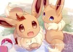  :d animal_focus animal_hands brown_eyes brown_hair commentary_request eevee full_body gift holding looking_at_viewer no_humans open_mouth picnic poke_ball poke_ball_(basic) pokemon pokemon_(creature) smile white_background yutopia_(neveyk) 