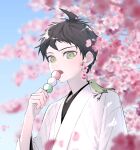  1boy ahoge alternate_costume animal animal_on_shoulder bangs bird bird_on_shoulder blurry blurry_background brown_eyes cherry_blossoms commentary_request danganronpa_(series) danganronpa_2:_goodbye_despair flower food highres hinata_hajime holding holding_food looking_at_viewer male_focus pink_flower shiny shiny_hair short_hair solo teeth upper_body upper_teeth yosuga_(hridayam) 