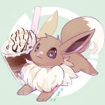  :3 :d animal_focus blush brown_eyes brown_hair cup drinking_straw eevee full_body no_humans pokemon pokemon_(anime) pokemon_(classic_anime) pokemon_(creature) simple_background smile solo yutopia_(neveyk) 