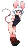  1girl animal_ears arms_behind_back bare_legs black_leotard boots breasts covered_navel eyebrows_visible_through_hair full_body highleg highleg_leotard leaning_forward leotard looking_at_viewer medium_breasts mouse_ears mouse_girl mouse_tail n_mossi original red_eyes red_footwear short_hair simple_background smile solo standing tail tareme white_background white_hair 