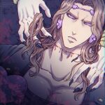  1boy black_nails bleeding blood claws dio_brando earrings fingernails headband heart holding holding_hair jewelry jojo_no_kimyou_na_bouken long_fingernails long_hair neck_grab pectorals scar scar_on_neck stardust_crusaders tanakaoften vanilla_ice violet_eyes 