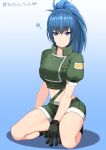  1girl bangs blue_eyes blue_hair gloves green_jacket green_shorts highres jacket leona_heidern looking_at_viewer military military_uniform ponytail shorts simple_background solo squatting suspenders suzuna_(najaran) the_king_of_fighters the_king_of_fighters_xv twitter_username uniform 
