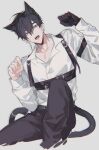  1boy absurdres animal_ears belt black_gloves black_hair black_pants brown_eyes buried_stars cat_boy cat_ears cat_tail chest_harness collarbone collared_shirt ear_piercing earrings fangs gloves grey_background hair_between_eyes harness highres jewelry lee_gyu-hyuk long_sleeves looking_at_viewer male_focus open_mouth pants paw_pose piercing shirt short_hair single_glove sitting solo symbol-only_commentary tail teeth white_shirt yusa_(yusa0751) 