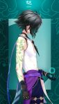  1boy bead_necklace beads black_hair character_name clenched_hand from_side genshin_impact gloves green_hair highres jewelry lumc male_focus mask multicolored_hair necklace profile simple_background solo tassel tattoo xiao_(genshin_impact) 