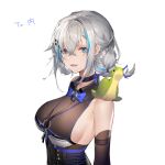  1girl :d absurdres bangs bare_shoulders black_choker blue_eyes blue_hair breasts character_request choker copyright_request eyebrows_visible_through_hair gkd111 hair_between_eyes hair_ornament hairclip highres large_breasts looking_at_viewer open_mouth short_hair sideboob sidelocks silver_hair simple_background sleeveless smile solo upper_body white_background 
