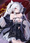  1girl absurdres age_fx azur_lane bare_shoulders black_gloves clothing_cutout elbow_gloves gloves hair_horns highres kiev_(azur_lane) kiev_(backstreet_silver_sonata)_(azur_lane) long_hair looking_at_viewer navel_cutout official_alternate_costume one_eye_covered red_eyes silver_hair twintails 