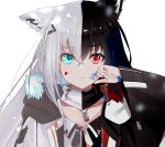  1girl ahoge animal_ear_fluff animal_ears black_hair black_jacket commentary_request dog_tags dual_persona ear_down earrings ellieka_sama eyebrows_visible_through_hair fox_ears fox_girl green_eyes hair_between_eyes hair_ornament hairclip hand_on_own_cheek hand_on_own_face highres hololive jacket jewelry kurokami_fubuki looking_at_viewer open_clothes open_jacket paint_splatter paint_splatter_on_face red_eyes shirakami_fubuki simple_background virtual_youtuber white_background white_hair white_jacket 