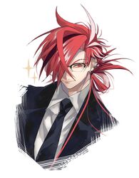  1boy alternate_costume bangs black_jacket black_necktie collared_shirt earrings face fate/grand_order fate_(series) formal glasses hair_over_one_eye highres jacket jewelry light_smile long_hair long_sleeves looking_at_viewer male_focus multicolored_hair necktie red_eyes redhead shirt simple_background smile solo sparkle streaked_hair suit takasugi_shinsaku_(fate) u_5ham0 upper_body white_background white_hair white_shirt 