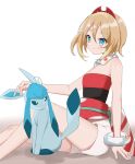  1girl agaki_anko arm_support bangs blonde_hair blue_eyes blush bracelet closed_mouth collar commentary_request eyelashes glaceon hairband highres irida_(pokemon) jewelry pokemon pokemon_(creature) pokemon_(game) pokemon_legends:_arceus red_hairband red_shirt sash shiny shiny_skin shirt short_hair shorts sitting smile strapless strapless_shirt waist_cape white_shorts 