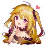  +_+ 1girl ahoge ainy baibato blush brown_hair choker collarbone commentary dress finger_to_cheek hair_tie heart kanzashi_iori long_hair open_mouth portrait red_eyes side_ponytail smile solo strapless strapless_dress virtual_youtuber wavy_hair 