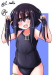  1girl absurdres akatsuki_(kancolle) alternate_costume alternate_hairstyle badge blue_background blue_swimsuit collarbone comb covered_navel eyebrows_visible_through_hair hair_between_eyes highres kantai_collection long_hair looking_at_viewer messy_hair old_school_swimsuit one-piece_swimsuit open_mouth purple_hair school_swimsuit solo swimsuit t_(dyuhuhudyukusi) twintails violet_eyes white_background 