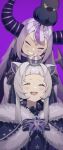 2girls fukurou_(l_fukurou) highres hololive hug la+_darknesss looking_at_another looking_up multiple_girls murasaki_shion purple_background smile 