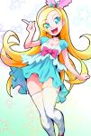  1girl :d aqua_dress aqua_eyes bangs blonde_hair breasts commentary_request dress eyelashes gradient gradient_background hair_ornament hairband happy highres kirahoshi_ciel kirakira_precure_a_la_mode large_breasts long_hair looking_at_viewer open_mouth precure ryuuta_(cure_ryuuta) smile solo standing thigh-highs thighs white_legwear 