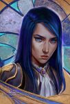  1girl arcane:_league_of_legends arcane_caitlyn armor artist_name ascot bangs blue_background blue_eyes blue_hair brown_background caitlyn_(league_of_legends) closed_mouth green_background heart inna_vjuzhanina league_of_legends long_hair multicolored_background portrait shiny shiny_hair shoulder_armor signature solo web_address white_ascot 