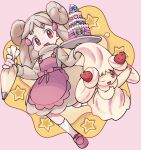  1girl :d absurdres alcremie alcremie_(strawberry_sweet) bangs beige_dress blonde_hair cake commentary_request creature_and_personification double_bun eyebrows_visible_through_hair food fruit hands_up highres holding holding_tray long_hair looking_at_viewer open_mouth pokemon pokemon_(creature) purple_apron purple_footwear red_eyes shoes short_eyebrows smile socks strawberry sutokame tongue tray w_arms white_legwear 