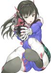  1girl absurdres ass black_eyes black_hair bodysuit breasts d.va_(overwatch) firing gun handgun highres holding holding_gun holding_weapon incoming_attack lh_2c0 long_hair looking_at_viewer open_mouth overwatch pistol simple_background solo weapon white_background 