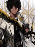  1boy arknights bangs black_hair black_pants black_shirt closed_mouth dark-skinned_male dark_skin earclip gloves highres holding holding_weapon jacket jewelry looking_at_viewer male_focus necklace orrdriver pants shirt simple_background solo thorns_(arknights) upper_body vial weapon white_gloves yellow_eyes 