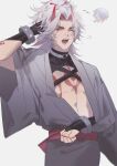  1boy abs arataki_itto bangs black_nails chibi genshin_impact gloves highres horns japanese_clothes jewelry kamisato_ayato looking_at_viewer male_focus multicolored_hair oni oni_horns open_mouth red_eyes short_hair simple_background solo spikes to_e white_hair 