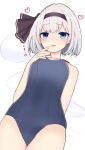  1girl bare_shoulders blue_eyes blush commentary_request dutch_angle finaltakenoko heart highres konpaku_youmu looking_at_viewer navel open_mouth school_swimsuit solo swimsuit thighs touhou translation_request white_background white_hair 