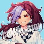 1girl bangs blue_background blue_hair buttons checkered_clothes checkered_scarf cheer_(cheerkitty14) commission cosplay danganronpa_(series) danganronpa_v3:_killing_harmony dice dice_earrings grin highres jacket long_hair looking_at_viewer multicolored_hair ouma_kokichi ouma_kokichi_(cosplay) outline ponytail red_eyes redhead scarf shiny shiny_hair simple_background smile solo teeth two-tone_hair watermark white_jacket white_outline 