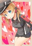  1girl black_skirt blonde_hair blue_eyes blush dated eyebrows_visible_through_hair grey_headwear hair_between_eyes hat heart highres kantai_collection long_hair long_sleeves low_twintails military military_uniform miniskirt open_mouth peaked_cap pleated_skirt prinz_eugen_(kancolle) skirt smile solo toge_nbo twintails twitter_username uniform valentine 