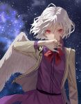  1girl braid commentary_request covering_mouth cowboy_shot dress feathered_wings french_braid hand_up highres jacket kishin_sagume long_sleeves looking_at_viewer nanasuou nebula neck_ribbon popped_collar purple_dress red_eyes red_ribbon ribbon short_hair single_wing sky slit_pupils solo star_(sky) starry_sky touhou white_hair white_jacket white_wings wings 