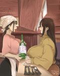  2girls alcohol apron artist_name blush bottle breasts brown_hair chichi8181 closed_eyes cup feet_out_of_frame fish food from_side highres holding holding_bottle holding_cup huge_breasts jewelry large_breasts long_hair long_sleeves mature_female multiple_girls nail_polish necklace open_mouth original ponytail short_sleeves signature sitting smile standing sweater 