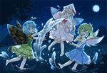  &gt;_&lt; 3girls antennae aqua_hair barefoot blonde_hair blue_dress blue_eyes butterfly_wings capelet collared_shirt daiyousei dress eternity_larva eyebrows_visible_through_hair fairy fairy_wings full_moon green_dress green_hair hair_between_eyes hat leaf leaf_on_head lily_white long_hair long_sleeves moon multicolored_clothes multicolored_dress multiple_girls night one_eye_closed open_mouth orange_eyes shirt short_hair short_sleeves side_ponytail sky smile star_(sky) starry_sky touhou vikramjoti water white_capelet white_dress white_headwear white_shirt wings 