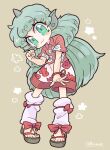  1girl :3 bangs bow brown_background closed_mouth cloud_print collared_shirt full_body green_eyes green_hair green_nails harunori_(hrnrx) highres horns kariyushi_shirt komainu komano_aunn long_hair looking_at_viewer mole mole_under_eye red_bow red_shirt sandals shirt short_sleeves shorts signature single_horn smile solo touhou white_shorts 