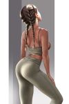  ass bare_arms bare_shoulders braid breasts camisole dark-skinned_female dark_skin facing_away facing_up feet_out_of_frame french_braid from_behind from_side grey_background grey_pants hair_ornament highres jewelry long_hair midriff necklace original pants sideboob skin_tight sleeveless standing twin_braids twintails yanghuan 