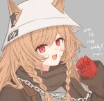 1girl :d animal_ears arknights bangs blush braid brown_hair brown_jacket brown_scarf ceobe_(arknights) ceobe_(unfettered)_(arknights) chain dated dog_ears ear_ornament ears_through_headwear eyebrows_visible_through_hair fang gloves grey_background happy_birthday hat highres jacket long_hair long_sleeves looking_at_viewer official_alternate_costume open_clothes open_jacket open_mouth red_eyes red_gloves risshu scarf simple_background skin_fang smile solo swept_bangs twin_braids white_headwear 