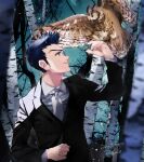  1boy animal_on_arm bird bird_on_arm black_hair brown_eyes forest formal hands_up highres hunter_x_hunter kigchi leorio_paladiknight looking_up male_focus nature owl solo suit 