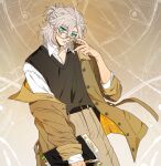  1boy absurdres albedo_(genshin_impact) androgynous beige_coat beige_pants blonde_hair blue_eyes brown_vest coat fashion genshin_impact glasses half_updo highres holding holding_notebook khakis long_sleeves looking_at_viewer notebook pale_skin ponytail shirt shohje short_ponytail solo vest white_shirt 