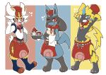  3boys acky animal_ears blue_eyes cinderace claws commentary_request furry highres holding looking_at_viewer lucario multiple_boys open_mouth pokemon pokemon_(creature) red_eyes simple_background smile standing teeth yellow_fur zeraora 