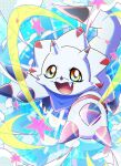  bandana blue_bandana commentary digimon digimon_(creature) digimon_ghost_game digiyuzu fang gammamon highres horns looking_at_viewer multicolored_eyes no_humans open_mouth sparkle star_(symbol) tail_raised v-shaped_eyebrows yellow_eyes 