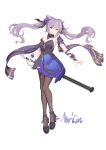  1girl absurdres arm_ribbon bangs black_legwear blue_bow bow closed_mouth eyebrows_visible_through_hair floating_hair full_body genshin_impact hair_between_eyes hair_bow hair_cones highres holding holding_sword holding_weapon keqing_(genshin_impact) long_hair looking_at_viewer pantyhose purple_hair purple_ribbon quietmrcat ribbon sash simple_background solo standing strapless sword twintails very_long_hair violet_eyes weapon white_background 