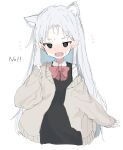  1girl @_@ animal_ear_fluff animal_ears black_eyes bow fang flying_sweatdrops grey_background grey_hair highres long_hair open_mouth original sanma_(tabet_) short_eyebrows simple_background sketch skin_fang sleeves_past_wrists solo sweat sweatdrop talking tongue 