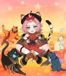  1girl :3 absurdres animal_ears blush bow cat cat_ears cat_girl cat_tail diona_(genshin_impact) fashion full_body genshin_impact green_eyes hair_bow hat highres looking_at_viewer pale_skin pink_hair shohje short_hair sitting solo tail 