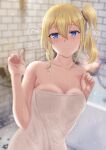  1girl absurdres blonde_hair blue_eyes breast_press breasts hayasaka_ai highres jim_(mzkp3433) kaguya-sama_wa_kokurasetai_~tensai-tachi_no_renai_zunousen~ shower_(place) towel water_drop 