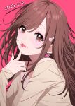  1girl bra_strap brown_eyes brown_hair earrings eyebrows_visible_through_hair finger_to_mouth heart heart_earrings highres idolmaster idolmaster_shiny_colors jewelry long_hair long_sleeves looking_at_viewer maou_(demonlord) pink_background shirt simple_background smile solo tsukioka_kogane upper_body 