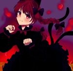  1girl animal_ears bangs black_bow black_dress blush bow bowtie braid breasts cat_ears cat_tail closed_mouth cowboy_shot dress extra_ears eyebrows_visible_through_hair fang fang_out fire frills hair_bow hair_ribbon hands_up highres kaenbyou_rin light_smile long_hair looking_at_viewer medium_breasts multiple_tails nekomata paw_pose purple_background red_bow red_bowtie red_eyes redhead remze ribbon simple_background solo tail touhou tress_ribbon twin_braids twintails two_tails 