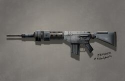  assault_rifle bad_gun_anatomy cursed_m4a1 english_commentary fallenspherell girls_frontline grey_background gun highres m4a1_(girls'_frontline) magazine_(weapon) no_humans rifle shadow signature simple_background twitter_username weapon weapon_focus 