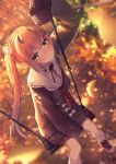  1girl absurdres autumn_leaves blonde_hair blurry blurry_background eyebrows_visible_through_hair green_eyes hair_ornament hairclip highres hololive inaba_teitoku long_hair long_sleeves looking_at_viewer looking_up momosuzu_nene neckerchief side_ponytail sitting sleeves_past_fingers sleeves_past_wrists solo swing virtual_youtuber 