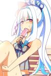  1girl absurdres at2. bench blue_hair collarbone eating eyebrows_visible_through_hair fang food highres kotonoha_aoi long_hair looking_at_viewer ponytail popsicle popsicle_in_mouth red_eyes sitting solo sweat teeth upper_teeth voiceroid 