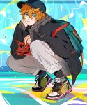  1boy absurdres backpack bag blue_eyes earrings fashion full_body genshin_impact grey_shirt hat highres jewelry long_sleeves looking_to_the_side male_focus multicolored_background orange_hair pale_skin pants shirt shoes shohje solo tartaglia_(genshin_impact) 