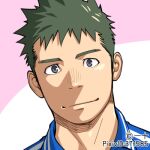  1boy blue_eyes blue_shirt commentary_request green_hair itto_(mentaiko) looking_at_viewer lowres male_focus original shaded_face shirt smile track_suit 
