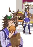  1girl ahoge animal_ears bag bangs bench blue_eyes brown_footwear brown_hair burger eating food food_on_face full_stomach hair_ornament hairclip hat holding holding_bag holding_food horse_ears horse_girl horse_tail jukebox long_hair long_sleeves looking_at_viewer mini_hat mini_top_hat misu_kasumi mr._c.b._(umamusume) multiple_views one_eye_closed paper_bag pleated_skirt purple_legwear purple_shirt purple_skirt sailor_collar school_uniform shirt shoes skirt sound_effects tail thigh-highs top_hat tracen_school_uniform umamusume walking 