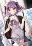  1girl bag bandaged_leg bandages bangs black_choker black_jacket black_ribbon blurry blurry_background blush choker closed_mouth depth_of_field dress eyebrows_visible_through_hair ghost_hair_ornament hair_ribbon highres holding holding_bag jacket jacket_on_shoulders looking_at_viewer medium_hair nishizawa purple_hair purple_ribbon ribbon shinomiya_runa solo standing virtual_youtuber vspo! white_dress yellow_eyes 