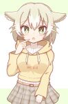  1girl animal_ears bangs belt belt_buckle blush brown_belt brown_hair buckle cat_(kemono_friends) cat_ears clothes_writing commentary_request eyebrows_visible_through_hair fang green_background green_eyes grey_skirt hair_between_eyes hand_up highres hood hood_down hoodie kemono_friends long_sleeves looking_at_viewer open_mouth plaid plaid_skirt pleated_skirt ribbed_sweater romaji_text skirt sleeves_past_wrists solo sunanuko_(ramuneko) sweater turtleneck turtleneck_sweater two-tone_background white_background white_sweater yellow_hoodie 